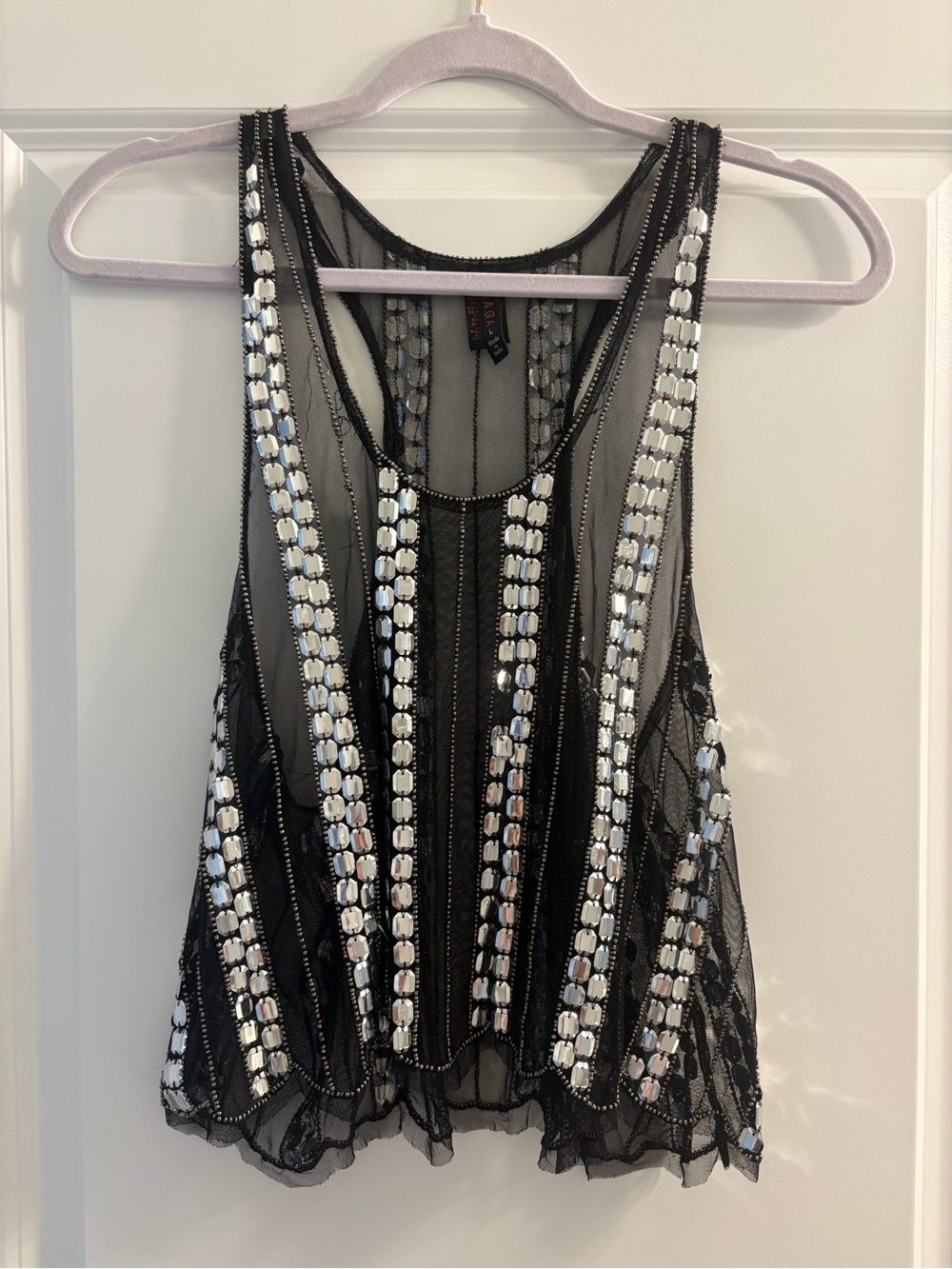 RAGA Black Mesh Tank with Silver Mirror Beading